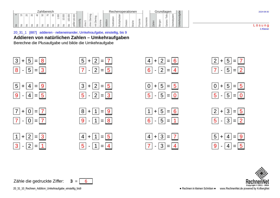 Lösung: 20_24_1 Rechnen Addition Umkehraufgabe einstellig bis9