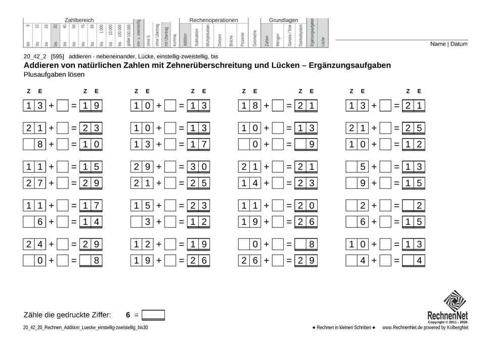 20_42_2 Rechnen Addition Lücke einstellig-zweistellig bis30