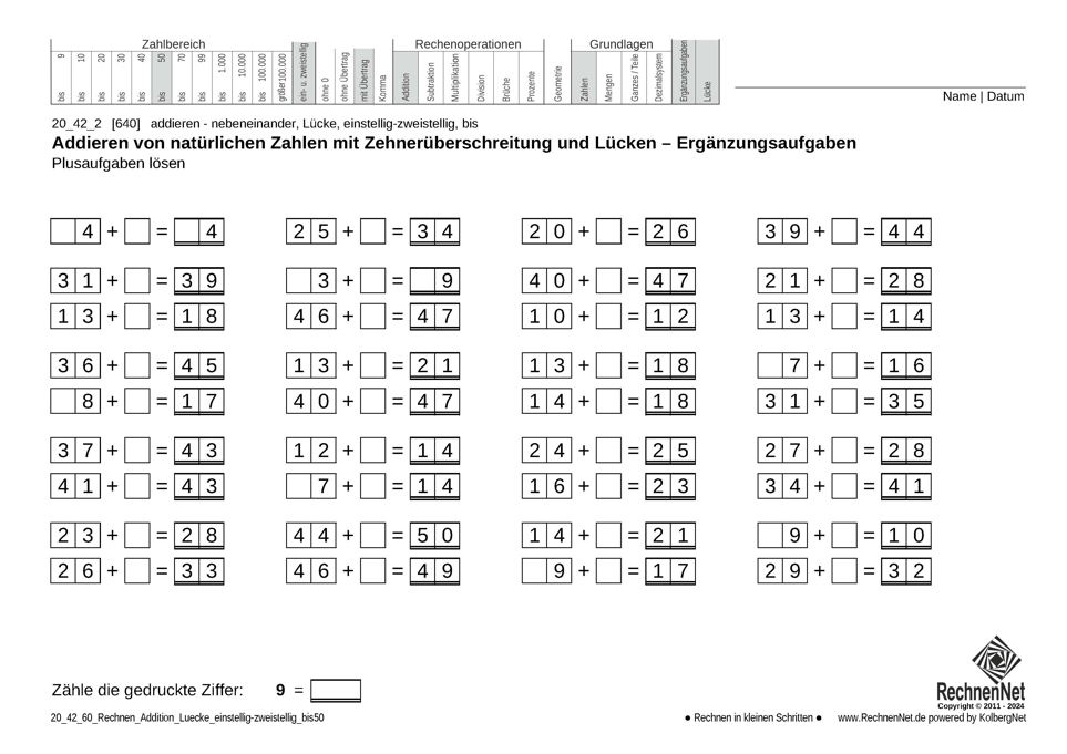 20_42_6 Rechnen Addition Lücke einstellig-zweistellig bis50