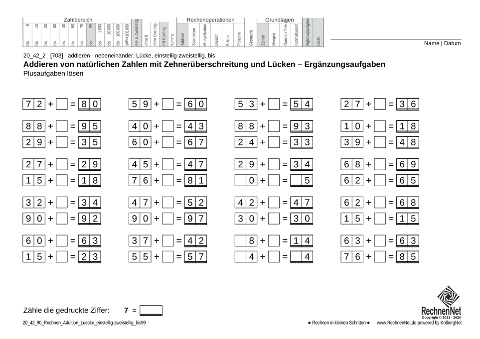 20_42_9 Rechnen Addition Lücke einstellig-zweistellig bis99
