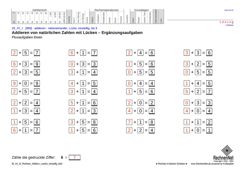 Lösung: 20_44_1 Rechnen Addition Lücke einstellig bis9