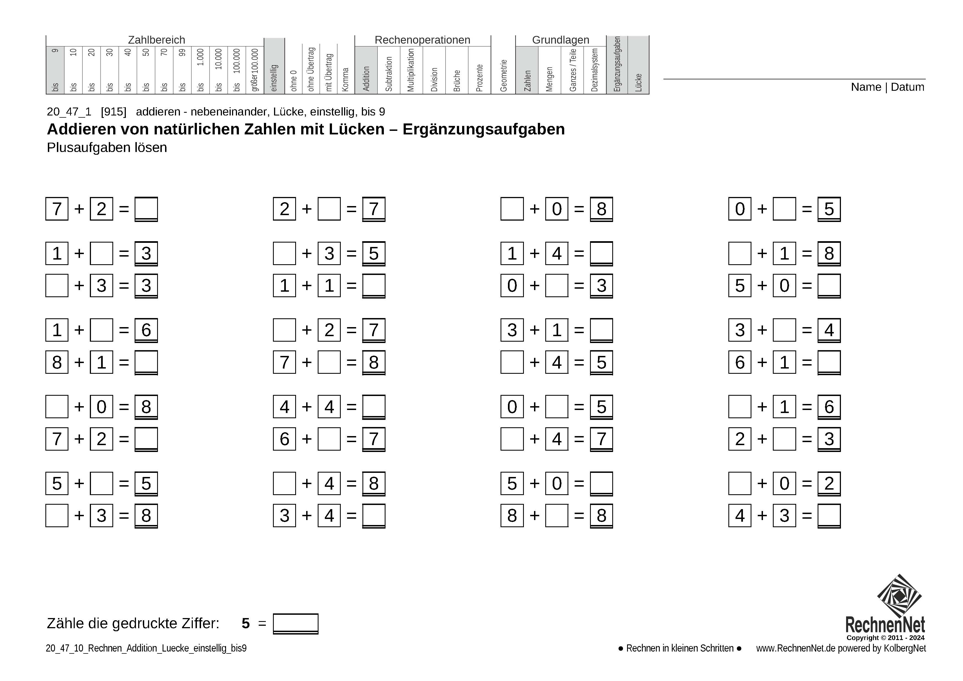 20_47_1 Rechnen Addition Lücke einstellig bis9