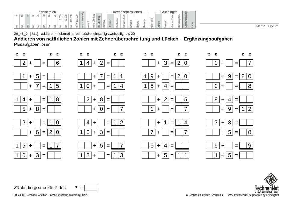 20_48_0 Rechnen Addition Lücke einstellig-zweistellig bis20