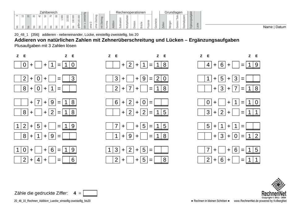 20_48_1 Rechnen Addition Lücke einstellig-zweistellig bis20