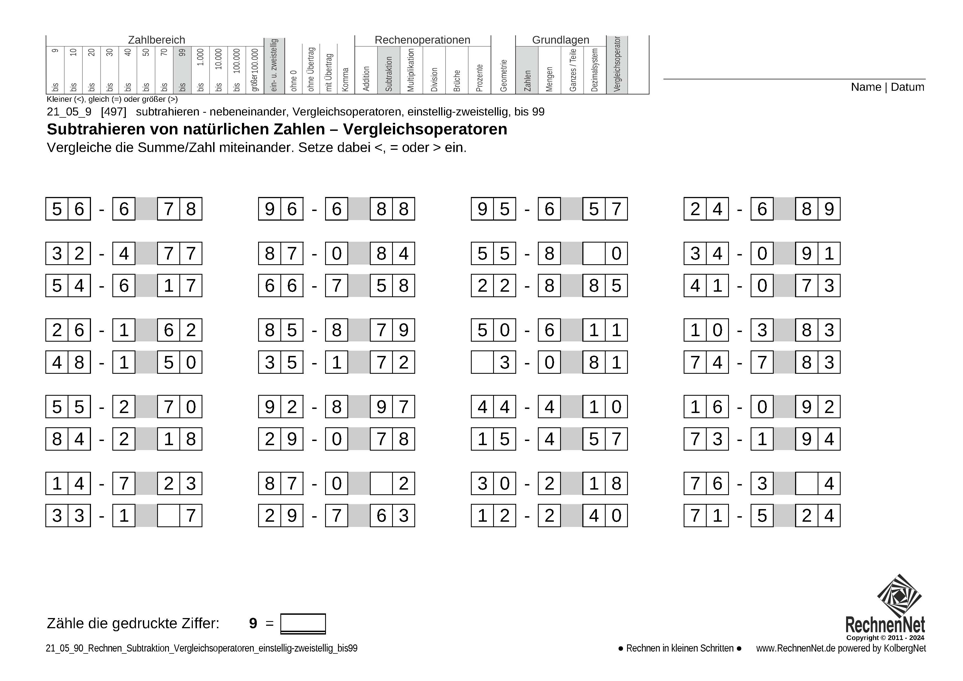 21_05_9 Rechnen Subtraktion Vergleichsoperatoren einstellig-zweistellig bis99
