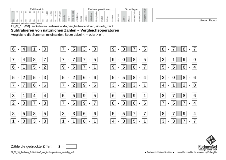 21_07_1 Rechnen Subtraktion Vergleichsoperatoren einstellig bis9