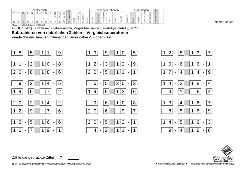 21_08_0 Rechnen Subtraktion Vergleichsoperatoren einstellig-zweistellig bis20