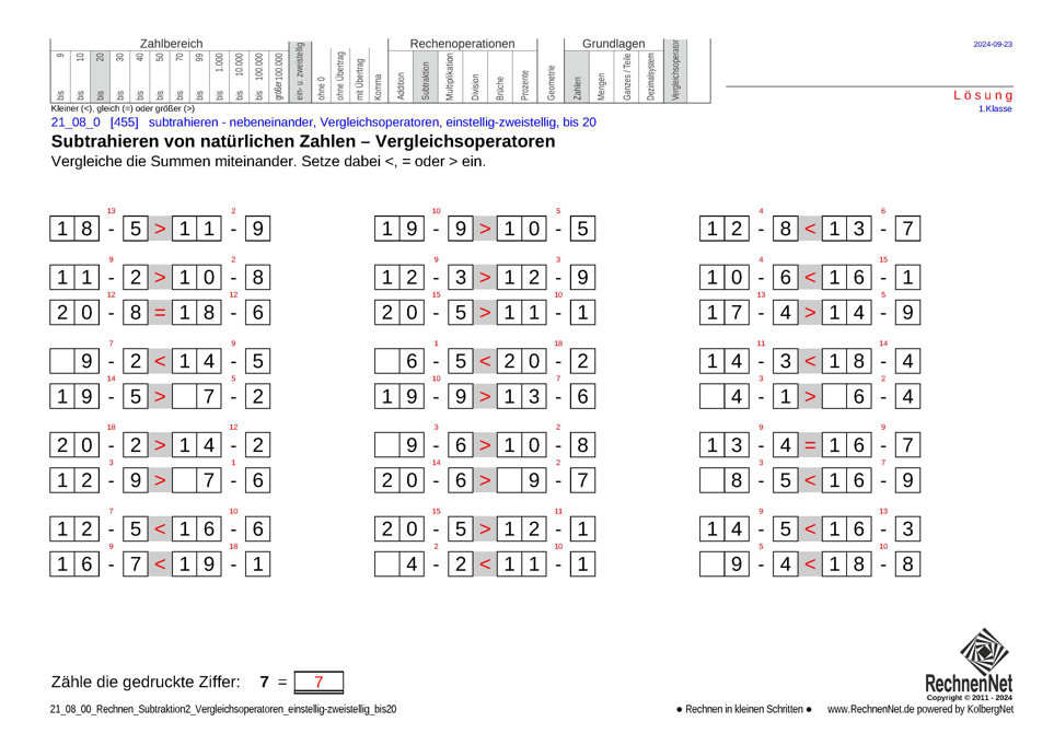 Lösung: 21_08_0 Rechnen Subtraktion Vergleichsoperatoren einstellig-zweistellig bis20