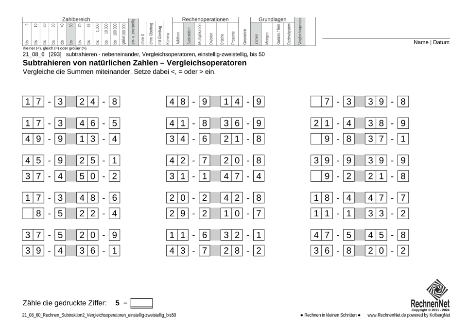 21_08_6 Rechnen Subtraktion Vergleichsoperatoren einstellig-zweistellig bis50