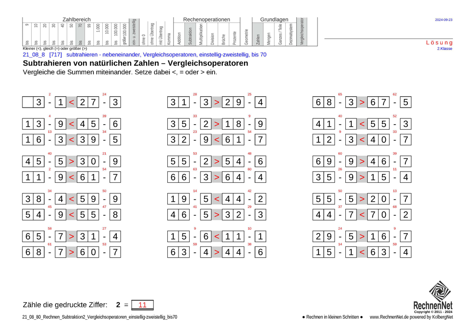 Lösung: 21_08_8 Rechnen Subtraktion Vergleichsoperatoren einstellig-zweistellig bis70