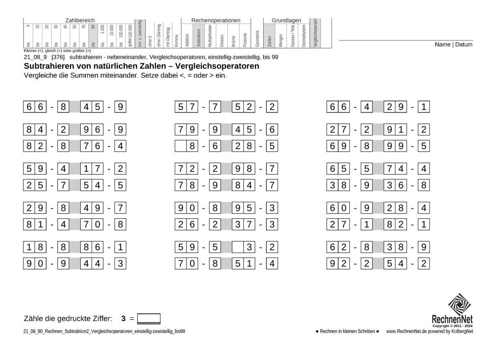21_08_9 Rechnen Subtraktion Vergleichsoperatoren einstellig-zweistellig bis99