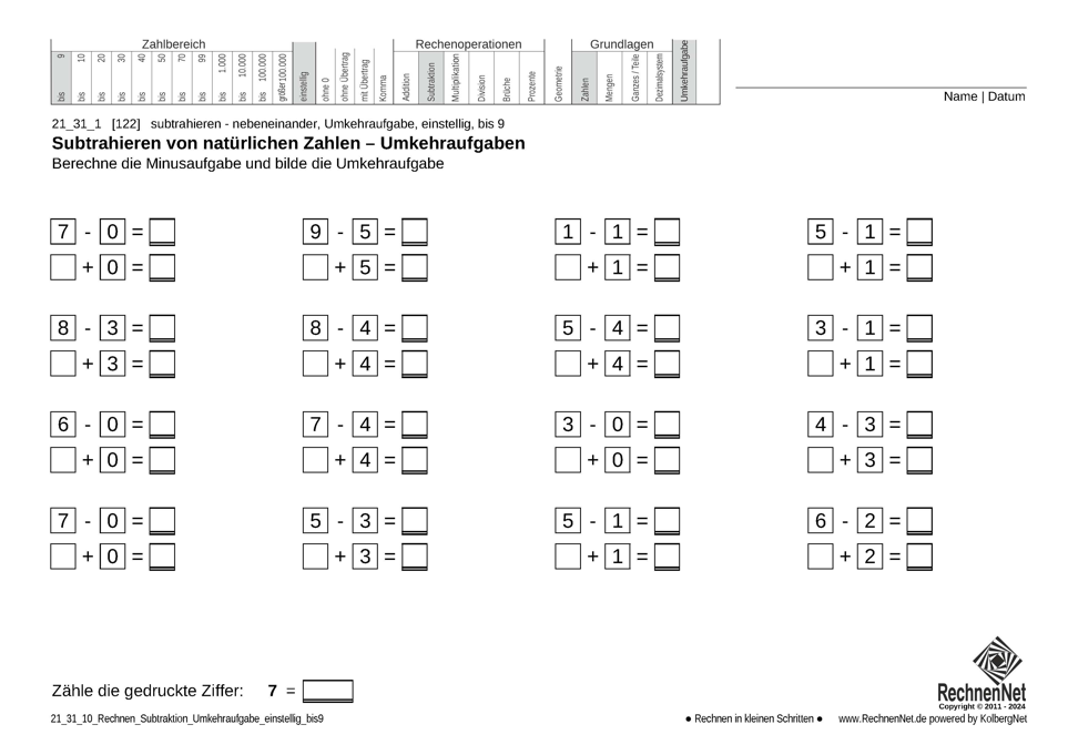 21_24_1 Rechnen Subtraktion Umkehraufgabe einstellig bis9