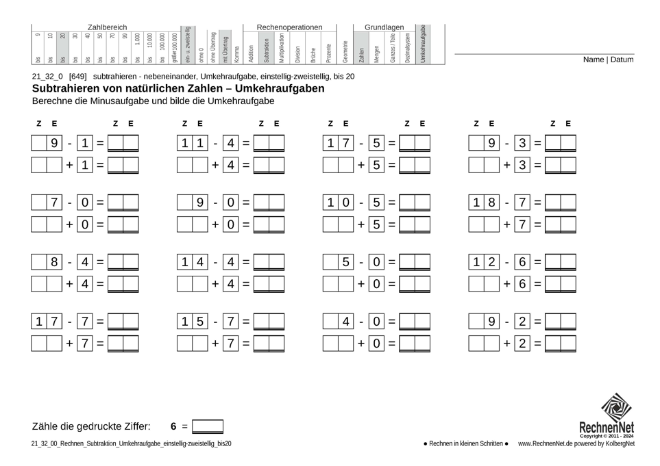 21_25_0 Rechnen Subtraktion Umkehraufgabe einstellig-zweistellig bis20