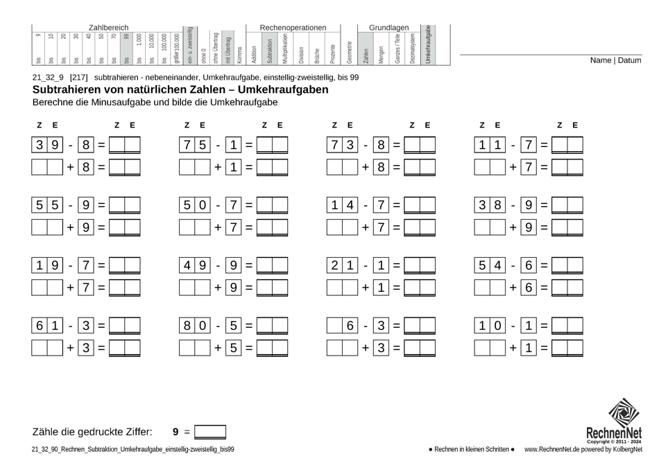21_25_9 Rechnen Subtraktion Umkehraufgabe einstellig-zweistellig bis99