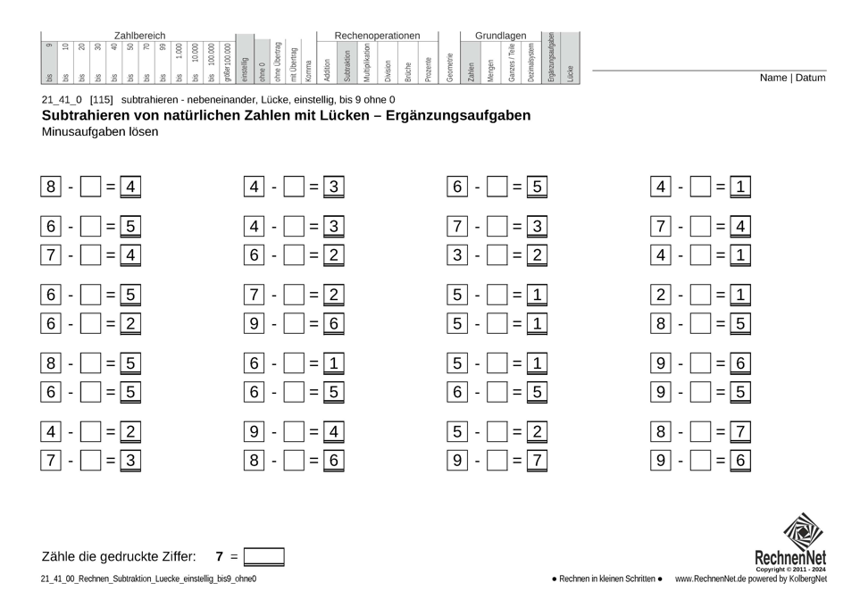 21_41_0 Rechnen Subtraktion Lücke einstellig bis9 ohne0