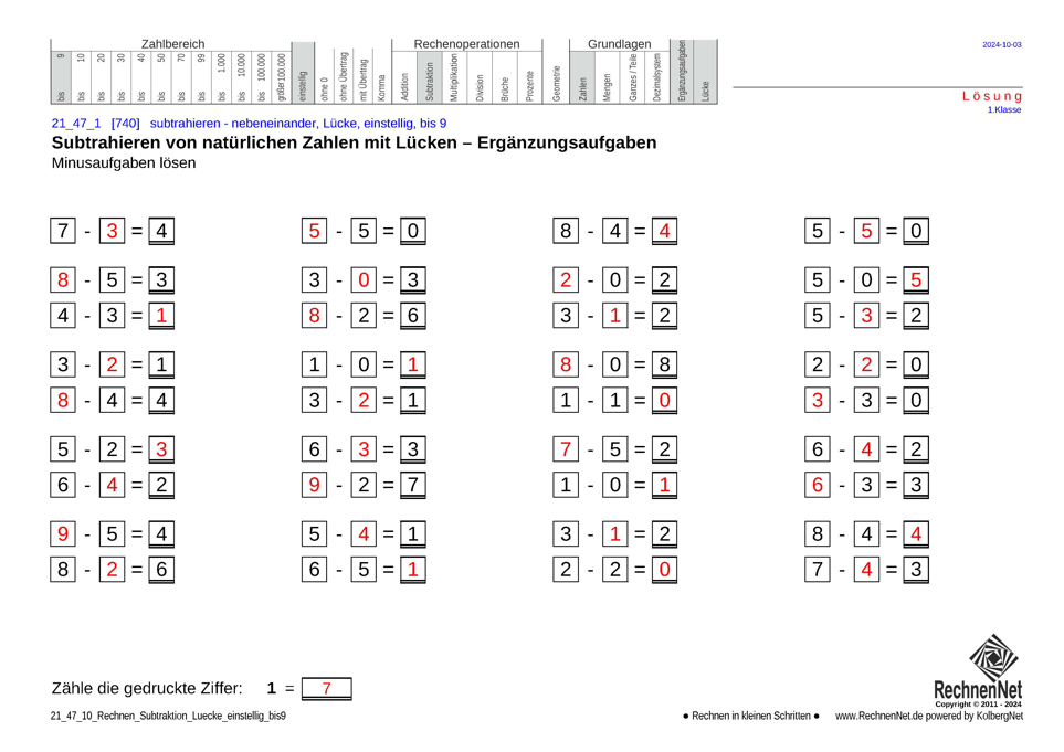 Lösung: 21_47_1 Rechnen Subtraktion Lücke einstellig bis9 Lösung: 21_47_1 Rechnen Subtraktion Lücke einstellig bis9