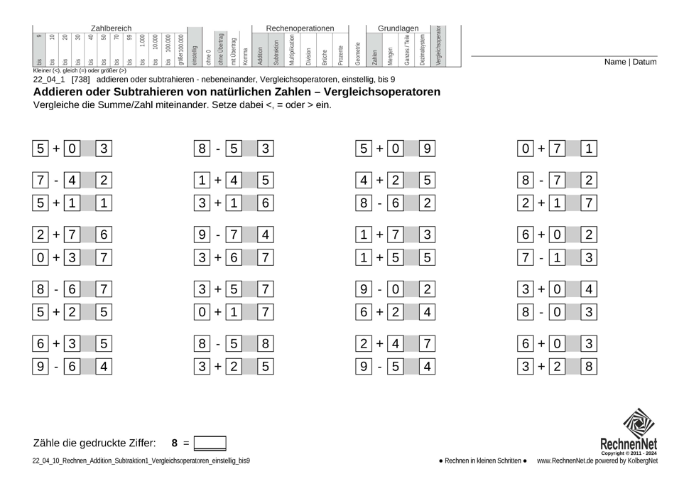 22_04_1 Rechnen Addition Subtraktion Vergleichsoperatoren einstellig bis9