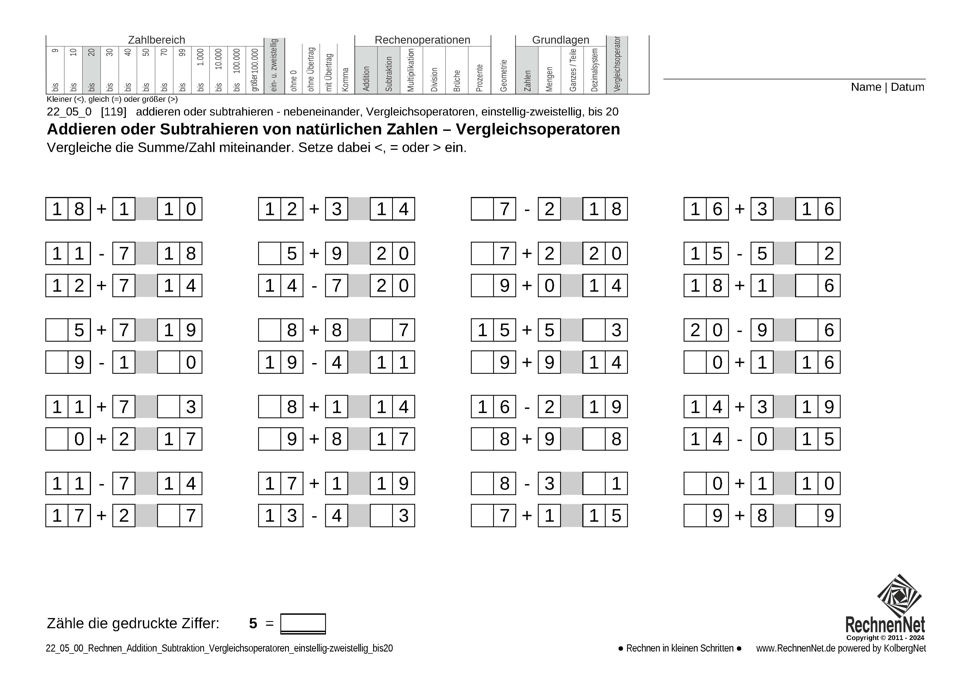 22_05_0 Rechnen Addition Subtraktion Vergleichsoperatoren einstellig-zweistellig bis20
