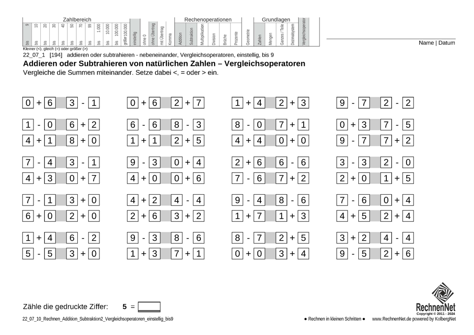 22_07_1 Rechnen Addition Subtraktion Vergleichsoperatoren einstellig bis9