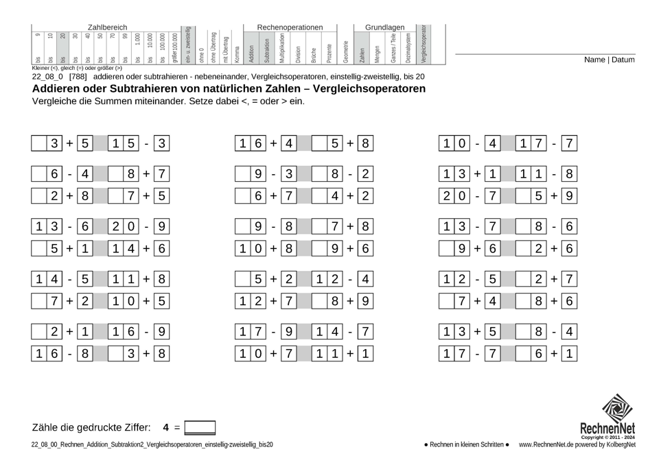 22_08_0 Rechnen Addition Subtraktion Vergleichsoperatoren einstellig-zweistellig bis20
