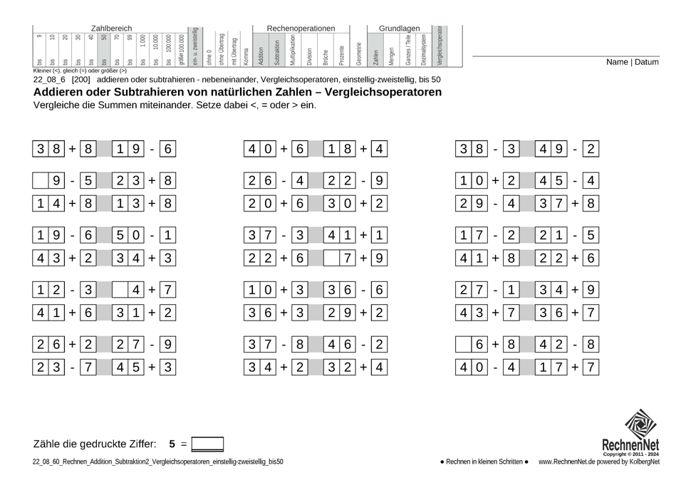 22_08_6 Rechnen Addition Subtraktion Vergleichsoperatoren einstellig-zweistellig bis50