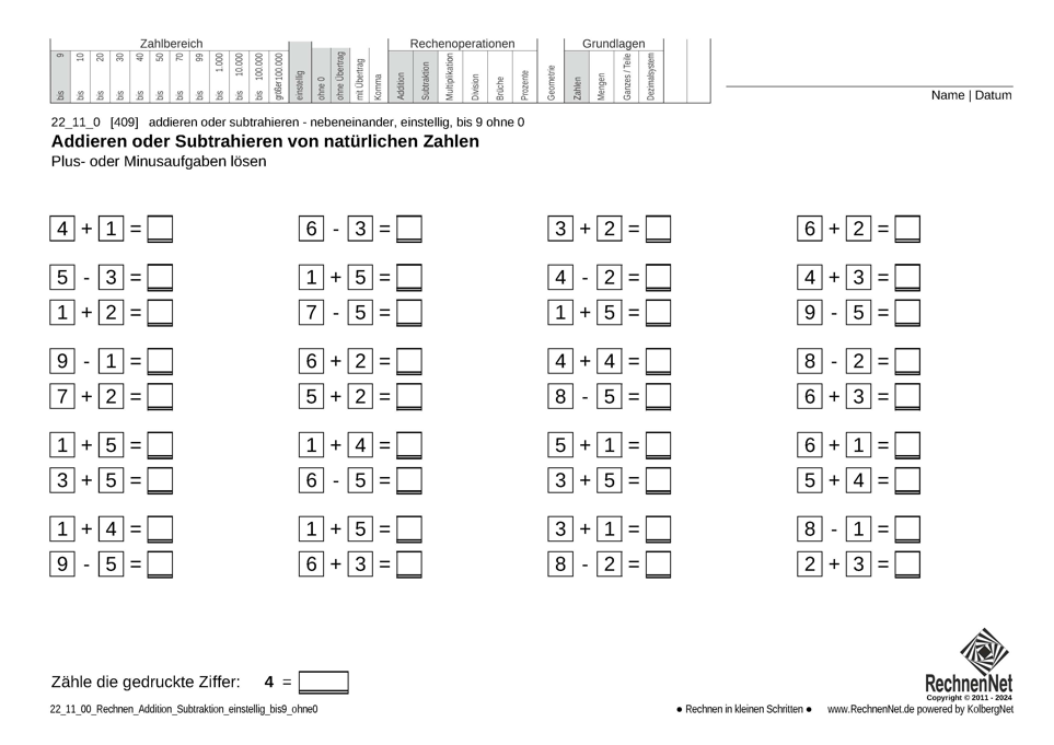 22_11_0 Rechnen Addition Subtraktion einstellig bis9 ohne0