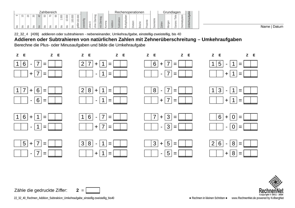 22_25_4 Rechnen Addition Subtraktion Umkehraufgabe einstellig-zweistellig bis40