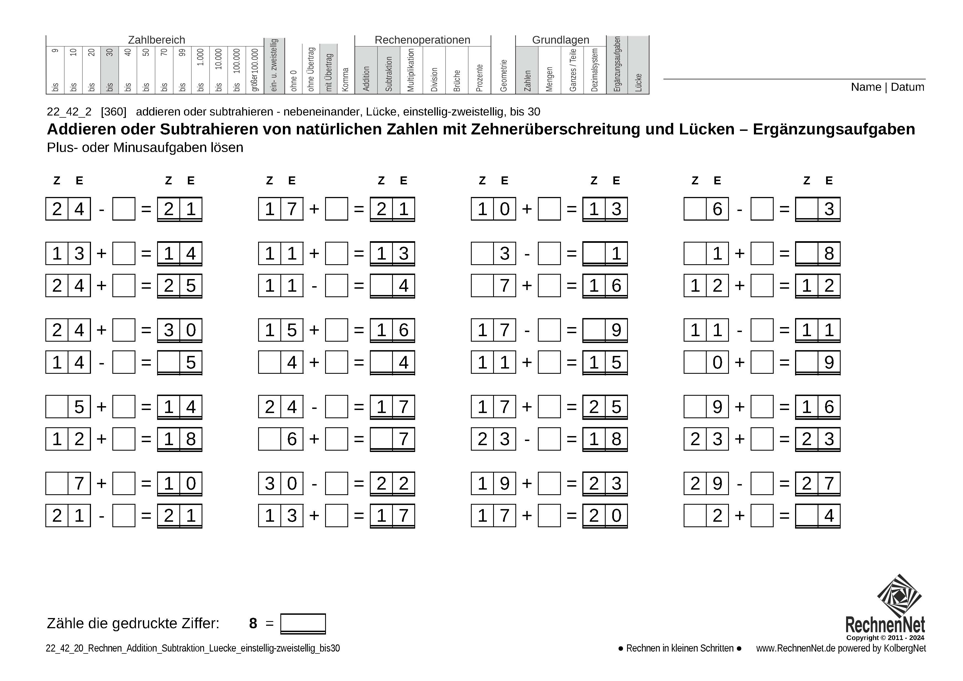 22_42_2 Rechnen Addition Subtraktion Lücke einstellig-zweistellig bis30