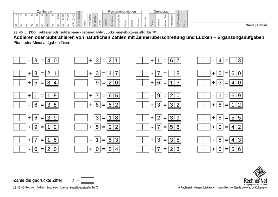 22_45_8 Rechnen Addition Subtraktion Lücke einstellig-zweistellig bis70