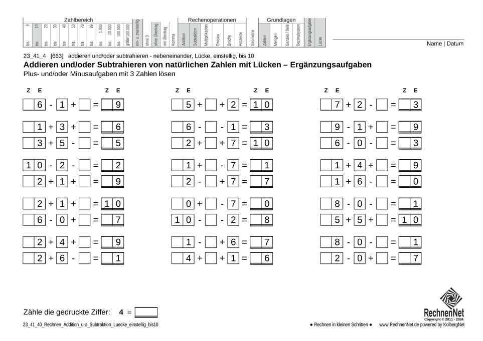 23_41_4 Rechnen Addition Subtraktion Lücke einstellig bis10