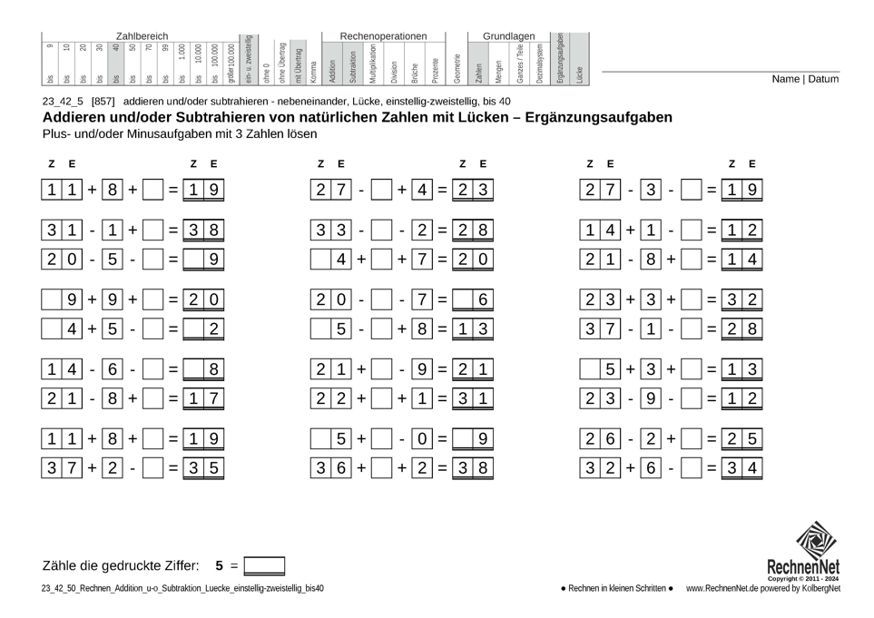 23_42_5 Rechnen Addition Subtraktion Lücke einstellig-zweistellig bis40