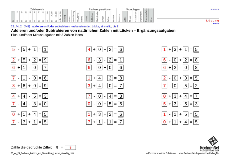 Lösung: 23_44_2 Rechnen Addition Subtraktion Lücke einstellig bis9