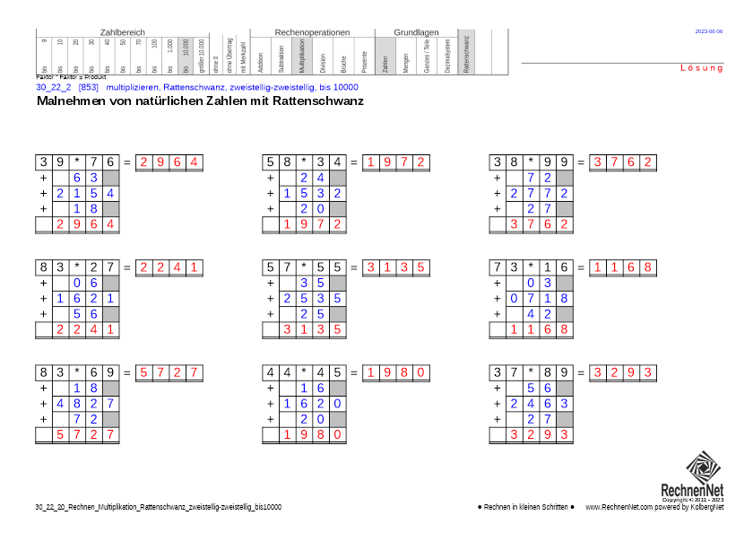 Lösung: 30_24_2 Rechnen Multiplikation Rattenschwanz zweistellig-zweistellig bis10000