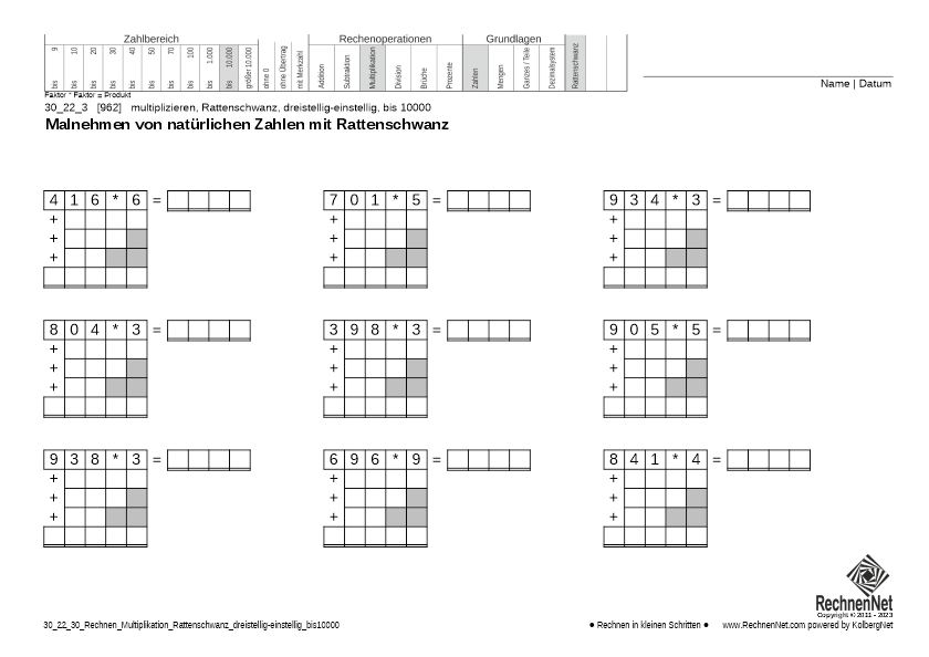 30_24_3 Rechnen Multiplikation Rattenschwanz dreistellig-einstellig bis10000