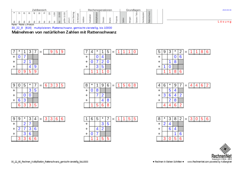 Lösung: 30_24_8 Rechnen Multiplikation Rattenschwanz gemischt-vierstellig bis10000