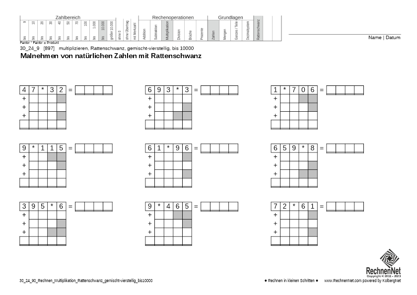 30_24_9 Rechnen Multiplikation Rattenschwanz gemischt-vierstellig bis10000