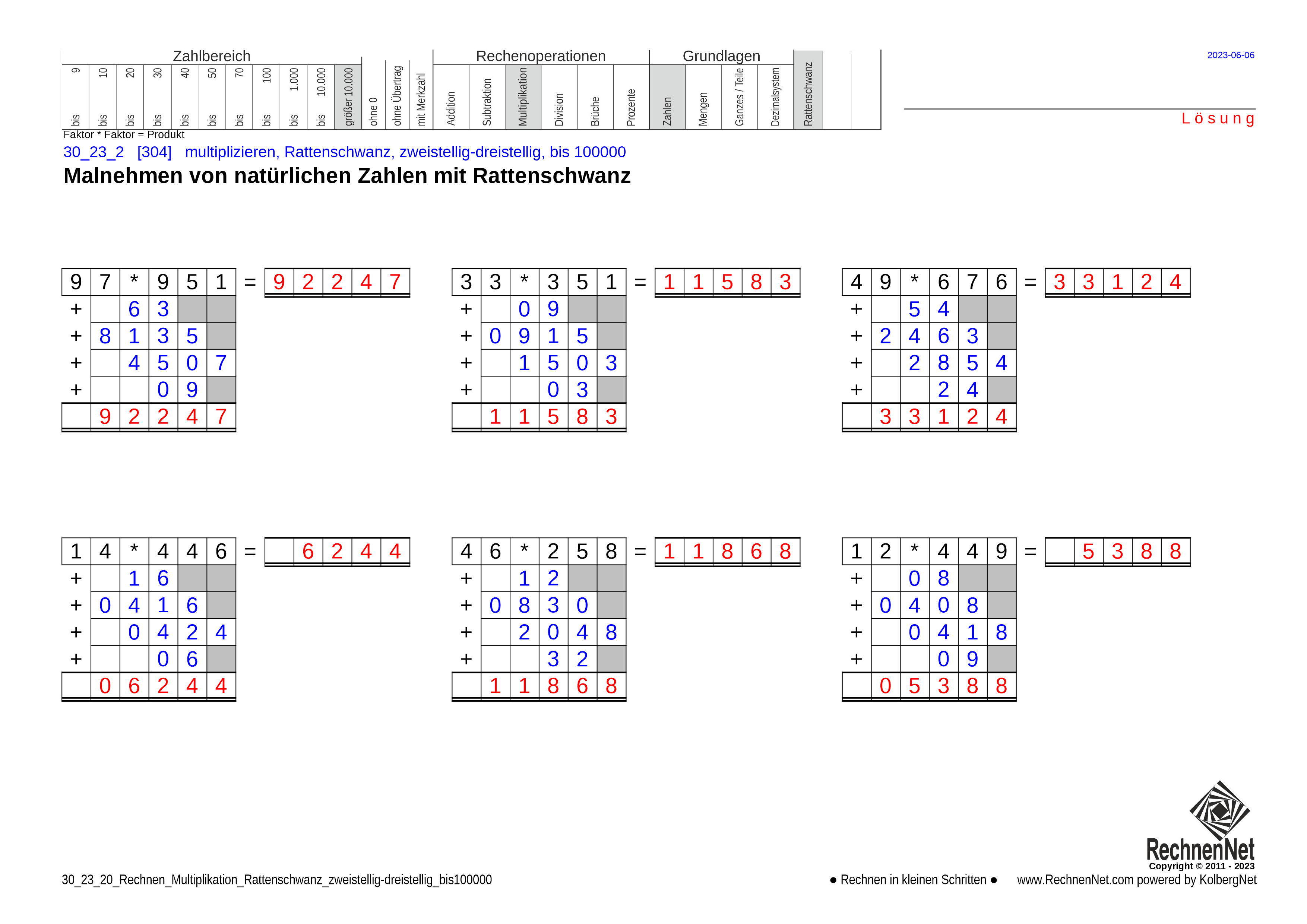 Lösung: 30_25_2 Rechnen Multiplikation Rattenschwanz zweistellig-dreistellig bis100000
