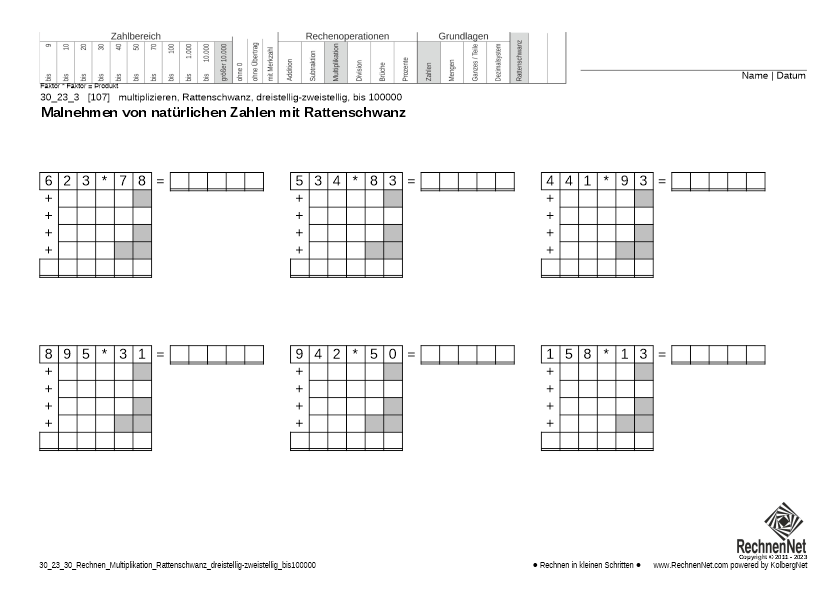 30_25_3 Rechnen Multiplikation Rattenschwanz dreistellig-zweistellig bis100000