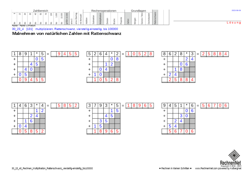 Lösung: 30_25_4 Rechnen Multiplikation Rattenschwanz vierstellig-einstellig bis100000