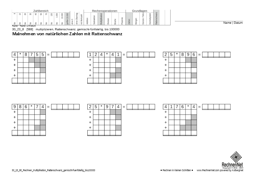 30_25_8 Rechnen Multiplikation Rattenschwanz gemischt-fünfstellig bis100000