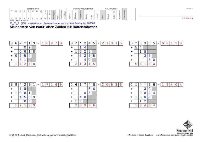 Lösung: 30_25_9 Rechnen Multiplikation Rattenschwanz gemischt-fünfstellig bis100000