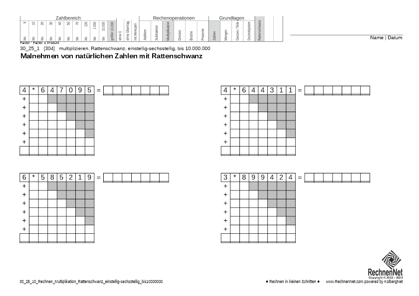 30_27_1 Rechnen Multiplikation Rattenschwanz einstellig-sechsstellig bis10000000