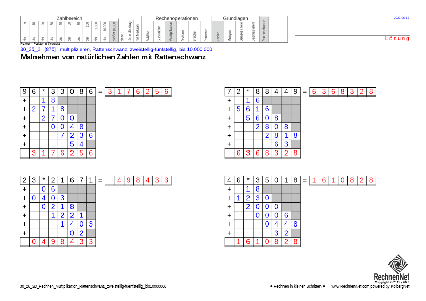 Lösung: 30_27_2 Rechnen Multiplikation Rattenschwanz zweistellig-fünfstellig bis10000000