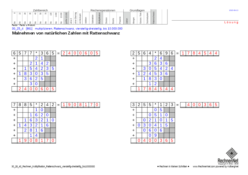 Lösung: 30_27_4 Rechnen Multiplikation Rattenschwanz vierstellig-dreistellig bis10000000