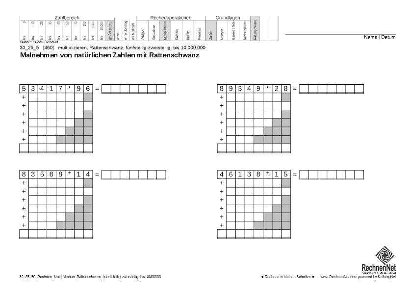 30_27_5 Rechnen Multiplikation Rattenschwanz fünfstellig-zweistellig bis10000000
