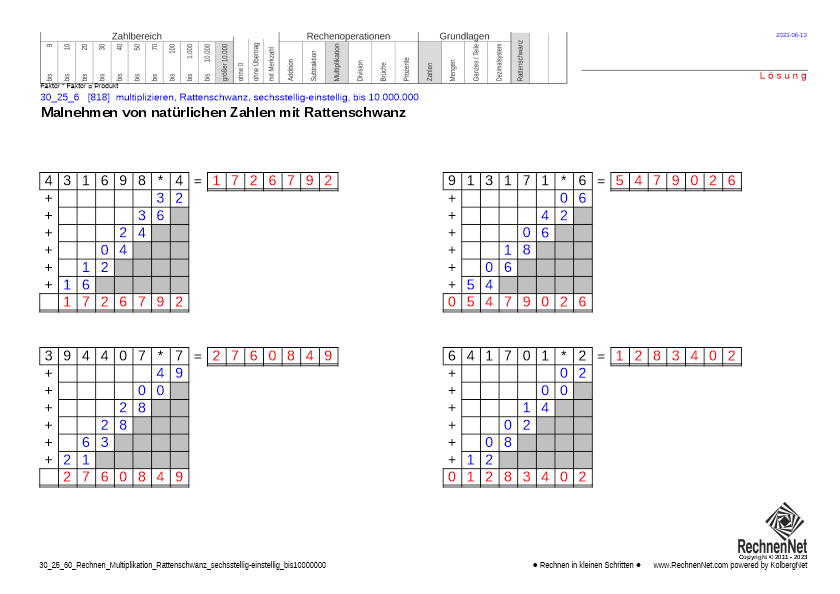 Lösung: 30_27_6 Rechnen Multiplikation Rattenschwanz sechsstellig-einstellig bis10000000
