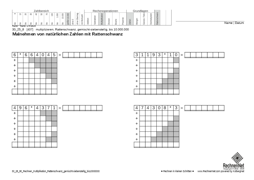 30_27_8 Rechnen Multiplikation Rattenschwanz gemischt-siebenstellig bis10000000