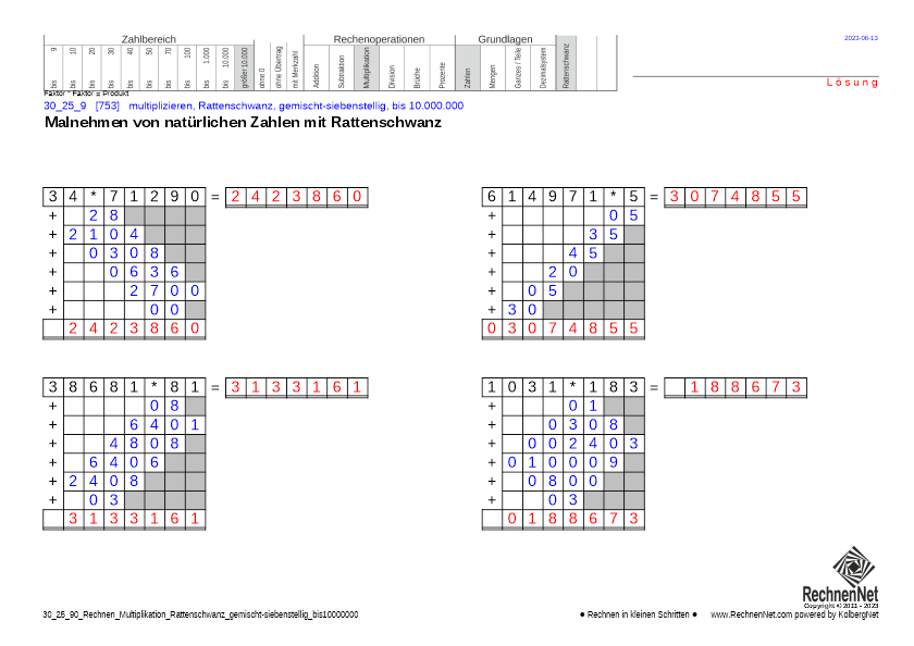 Lösung: 30_27_9 Rechnen Multiplikation Rattenschwanz gemischt-siebenstellig bis10000000