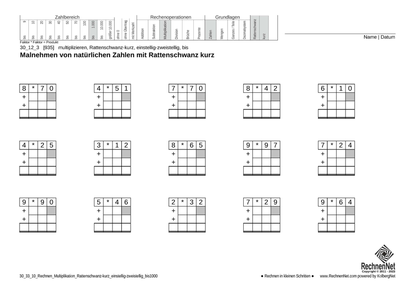30_33_1 Rechnen Multiplikation Rattenschwanz-kurz einstellig-zweistellig bis1000