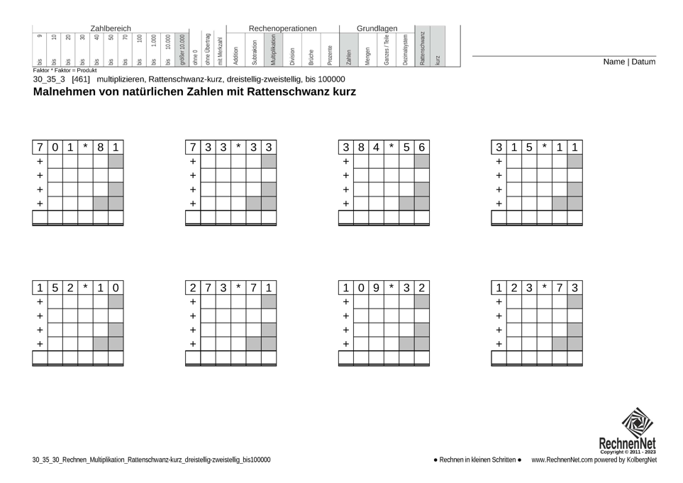 30_35_3 Rechnen Multiplikation Rattenschwanz-kurz dreistellig-zweistellig bis100000